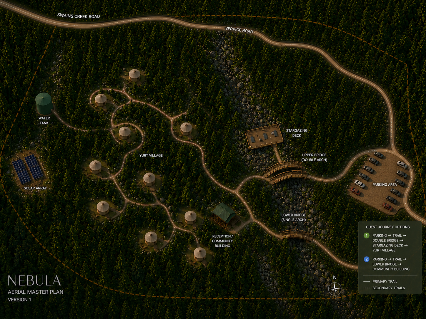 Aerial master plan of Nebula showing the yurt village, stargazing deck, bridges, reception, solar array, and trails