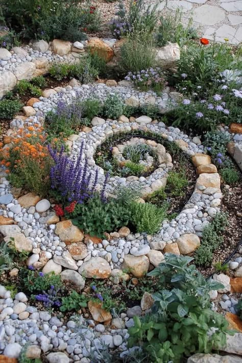 A spiral stone walking meditation labyrinth planted with flowers and herbs