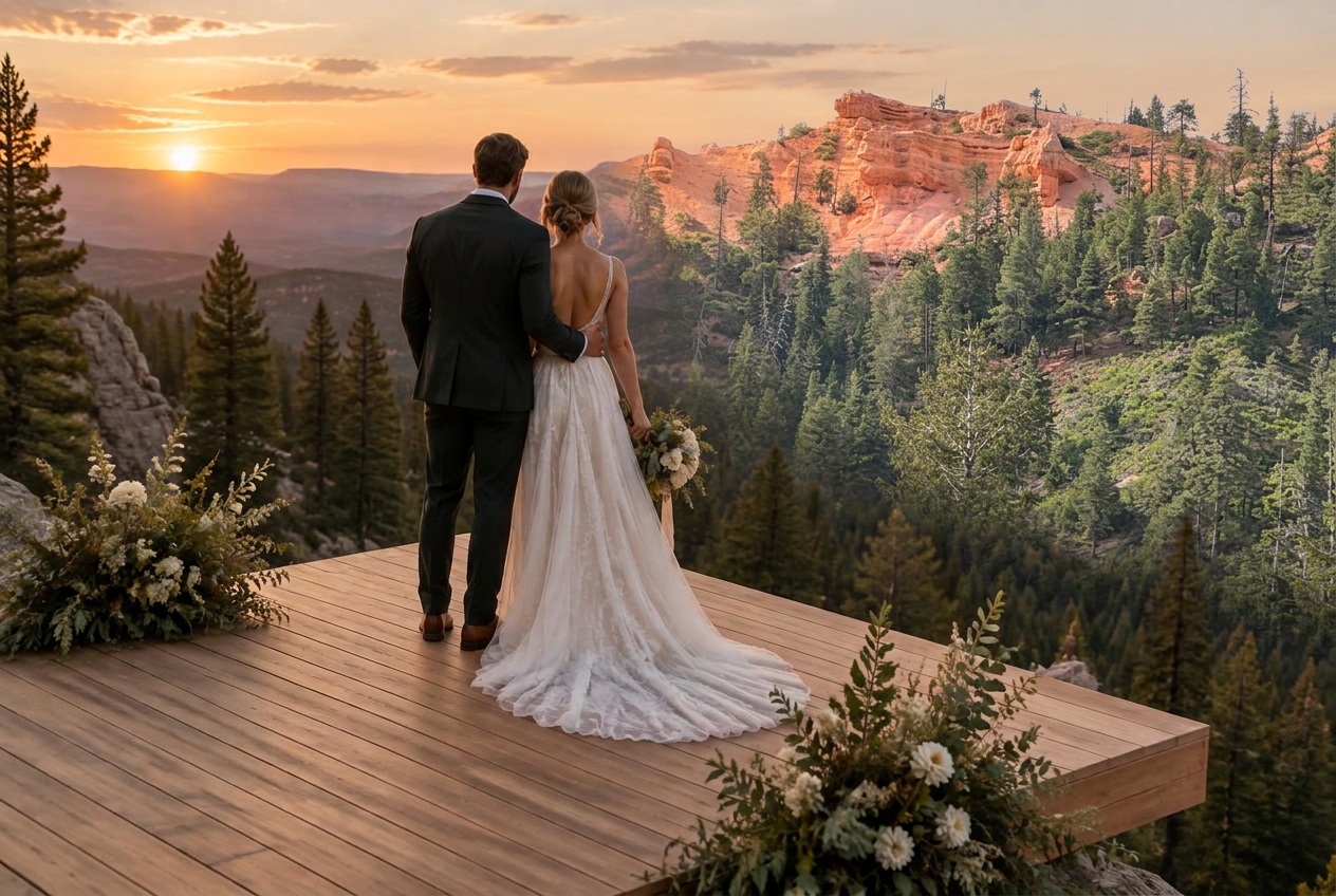 A wedding couple overlooking Nebula's pink cliffs at sunset