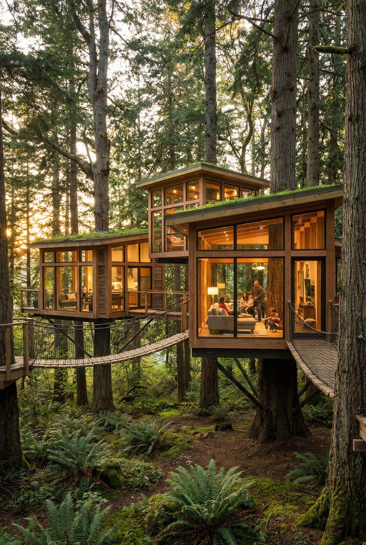 Three treehouses connected by suspension bridges in the surrounding forest