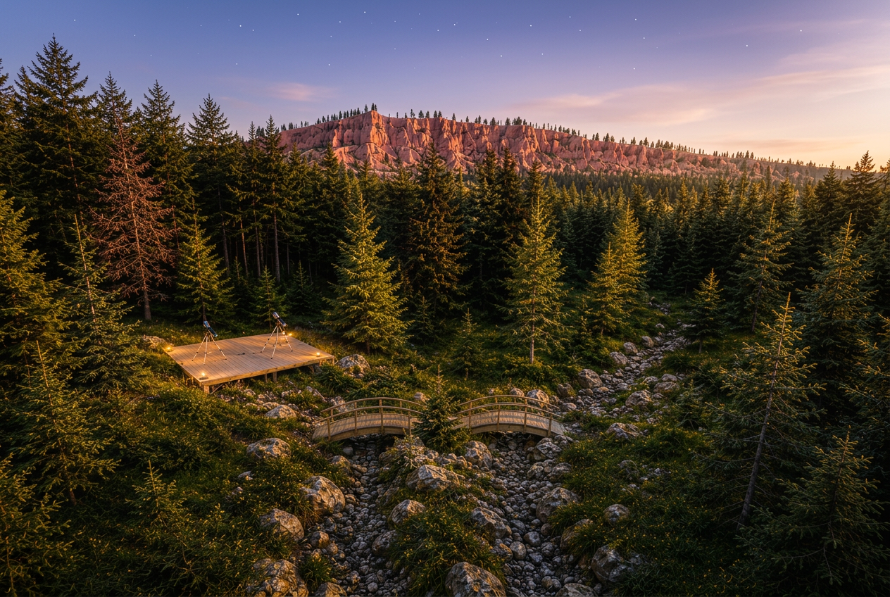 Wide golden twilight view of the forest crossing, deck, and pink cliffs