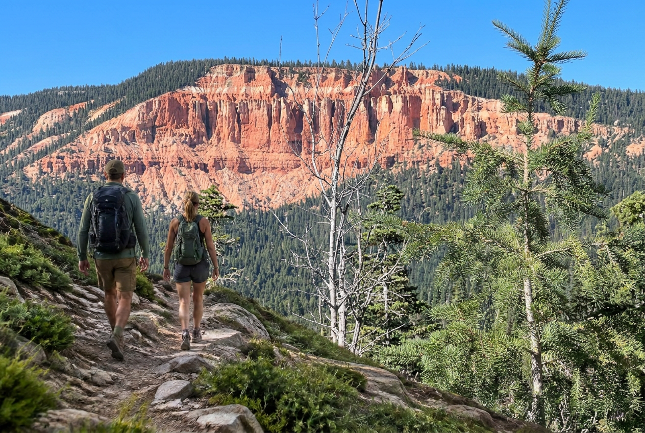 A couple hiking toward pink cliffs