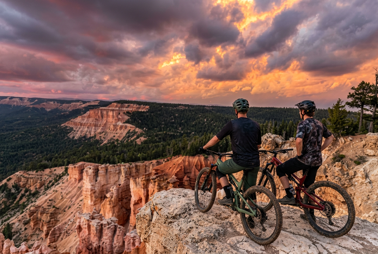 Mountain bikers looking over the pink cliffs