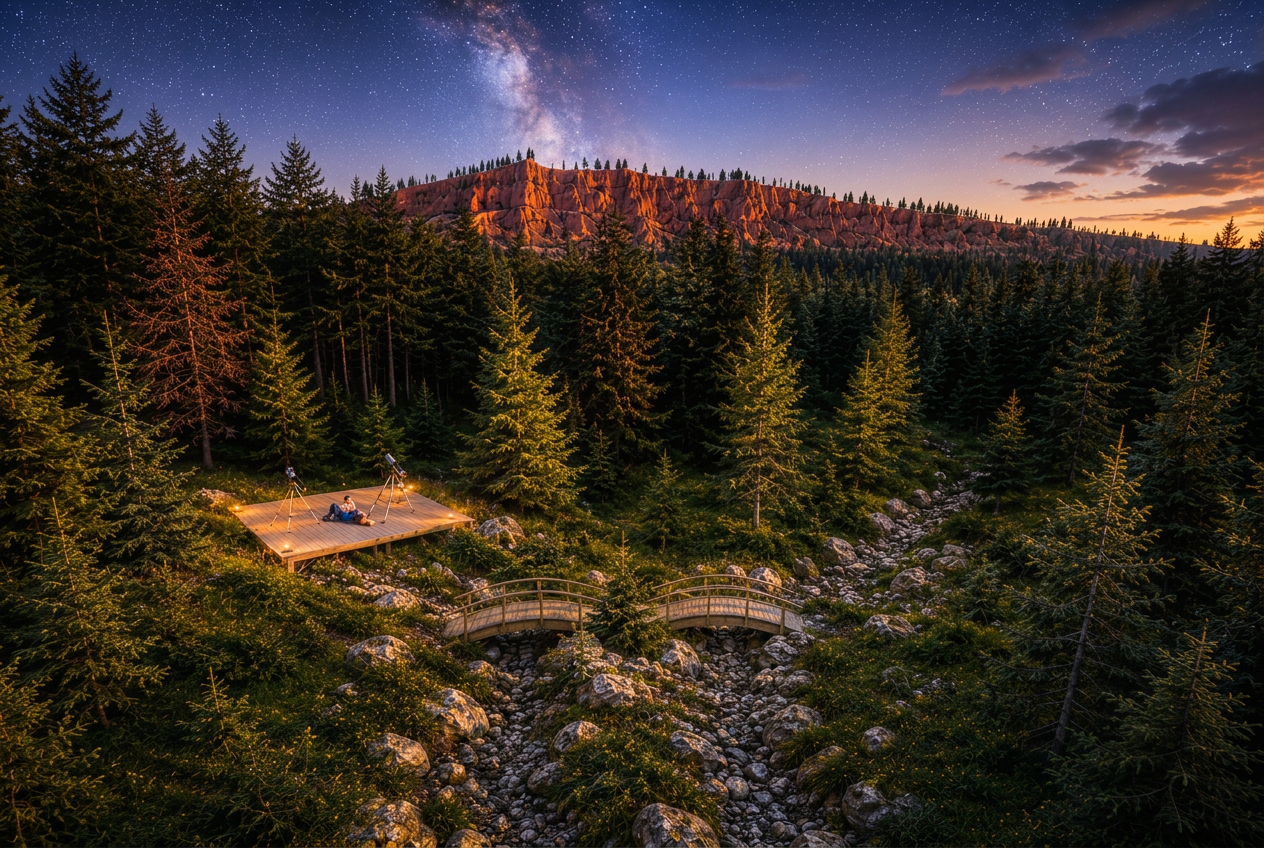 A bright twilight stargazing deck beneath the Milky Way and pink cliffs