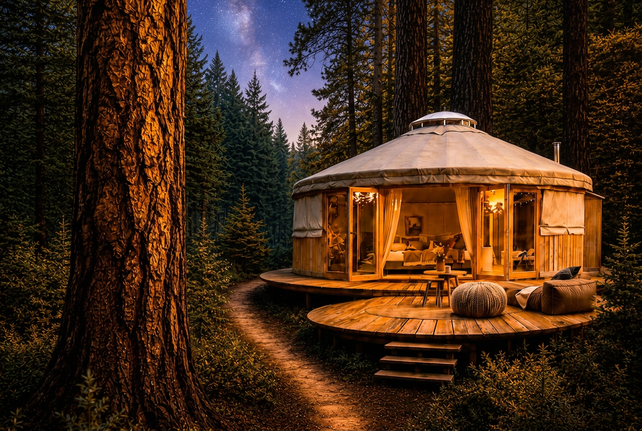 A warmly lit yurt in the forest at golden twilight beneath the stars